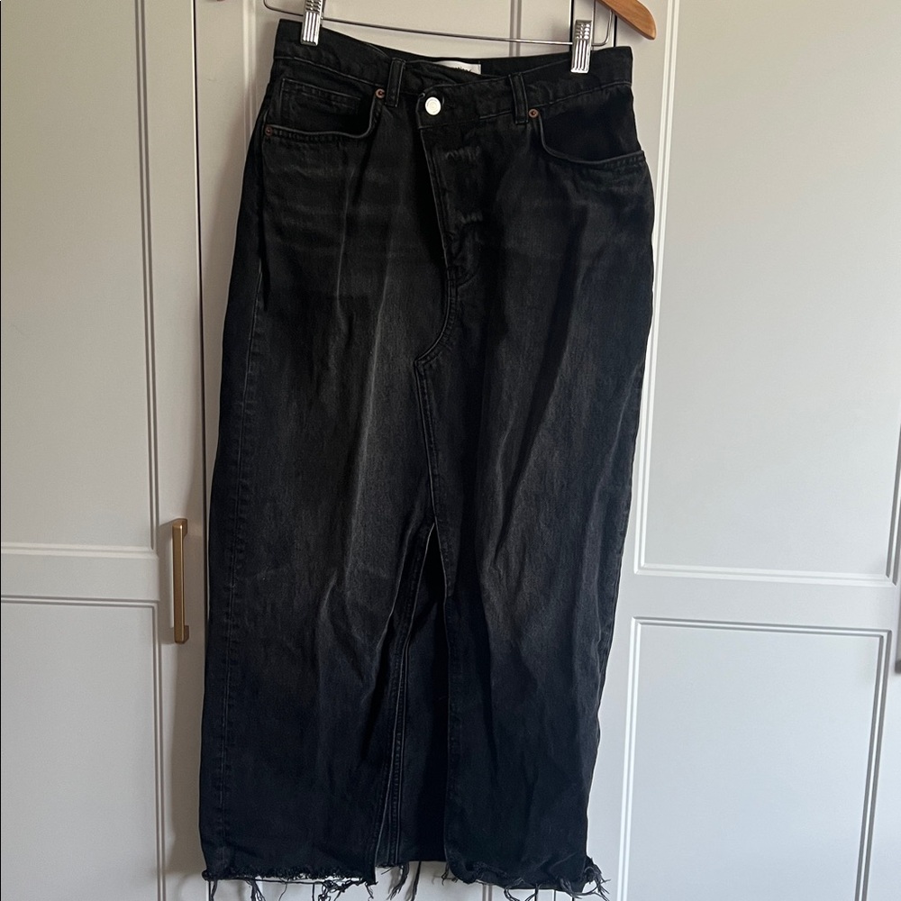Reformation Black Asymmetrical Waist Denim Midi Skirt, size 27